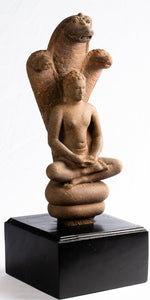 Antique Buddha Statue - Antique Mon Style Thai Stone Naga Enthroned Meditation Buddha - 45cm/18"