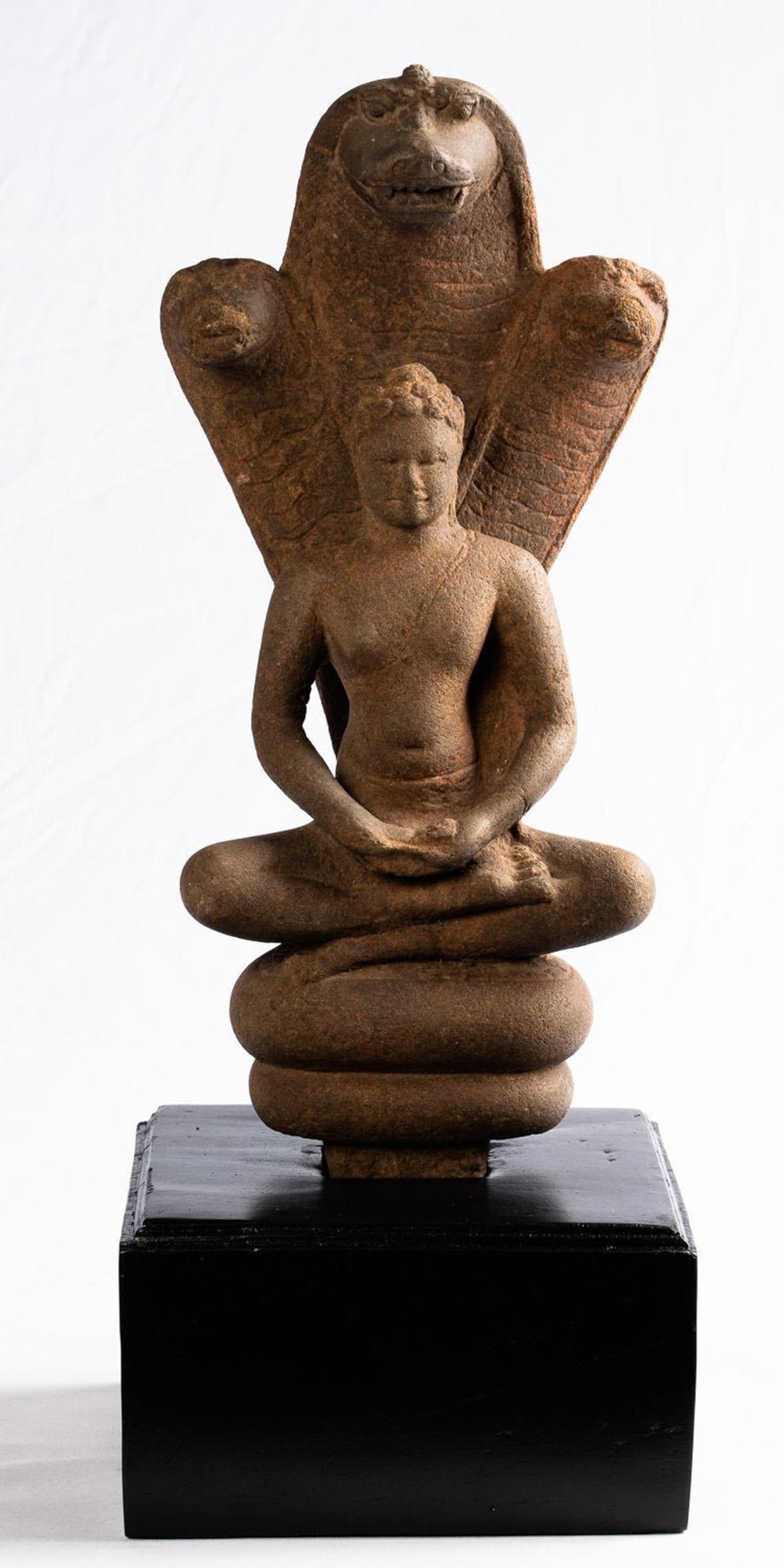 Antique Buddha Statue - Antique Mon Style Thai Stone Naga Enthroned Meditation Buddha - 45cm/18"