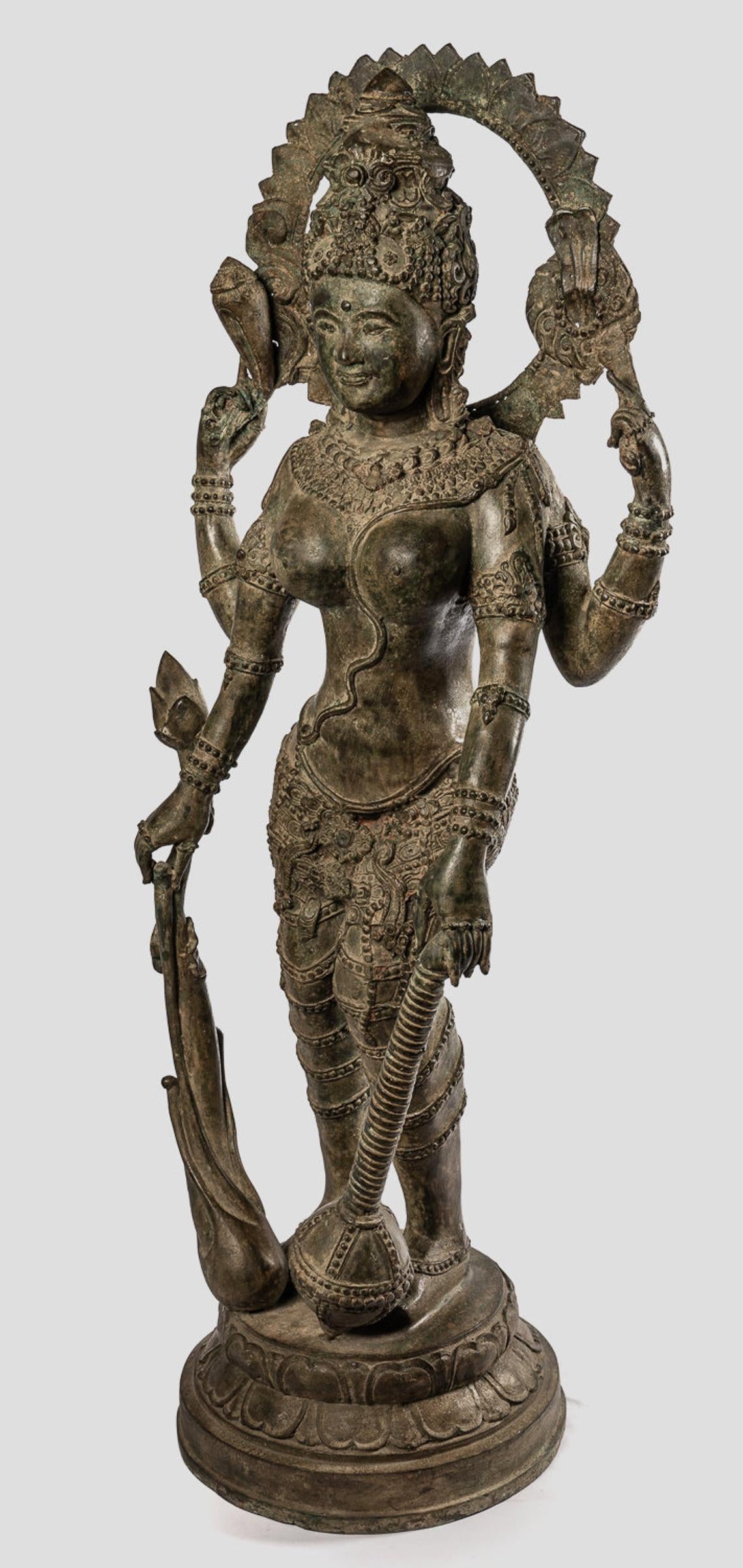 Thai Style Antique Lakshmi Statue / Devi Consort of Vishnu with Halo - 103cm/41"