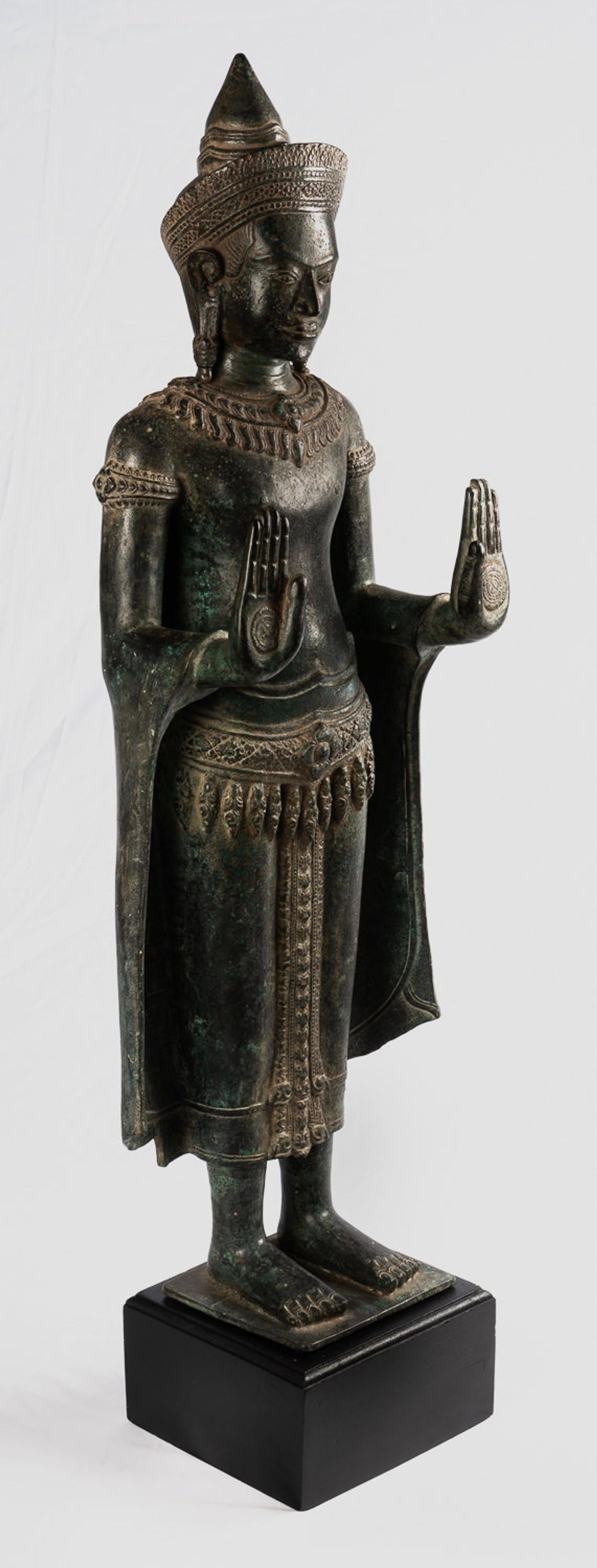 Antique Buddha Statue Khmer Style Bronze Angkor Wat Protection Standing Buddha Statue - 103cm/41"