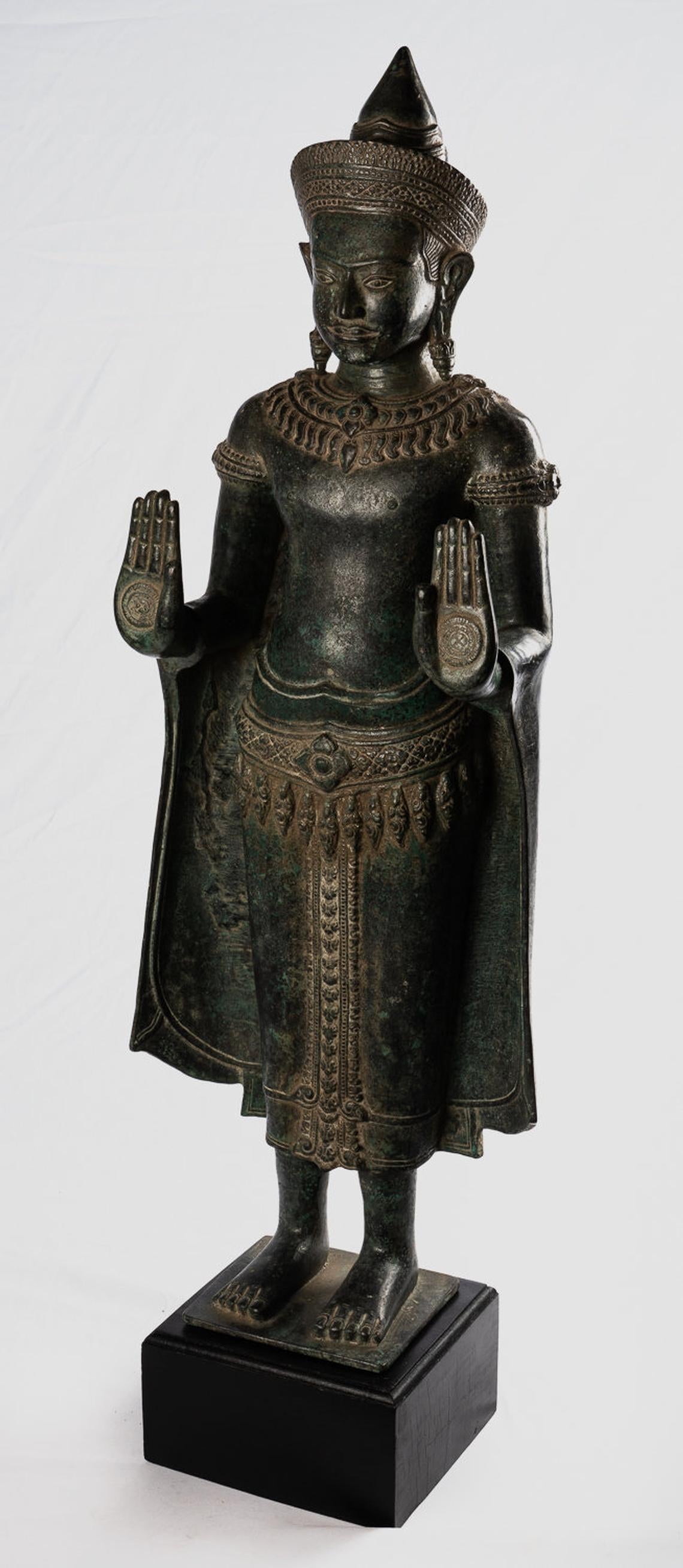 Antique Buddha Statue Khmer Style Bronze Angkor Wat Protection Standing Buddha Statue - 103cm/41"