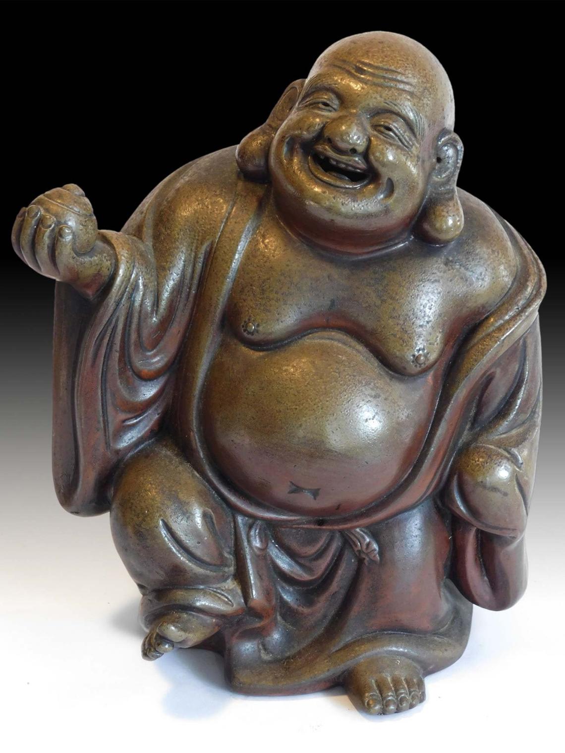 Dancing Hotei Vintage Japanese Bizen Yaki Ceramic Budai Okimono Signed 布袋佛