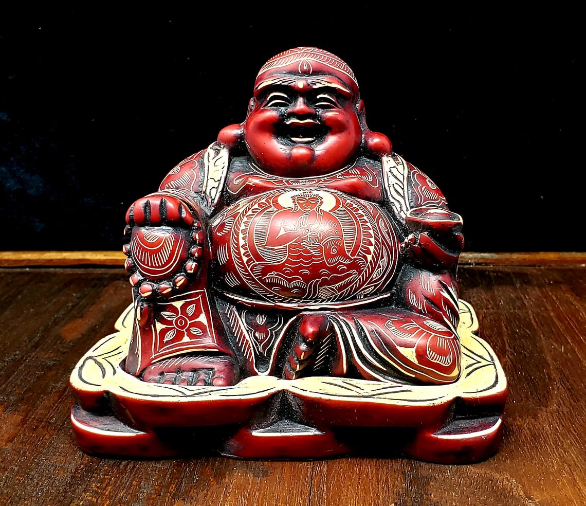 Red Laughing Buddha Container Resin Statue Figurine from Nepal