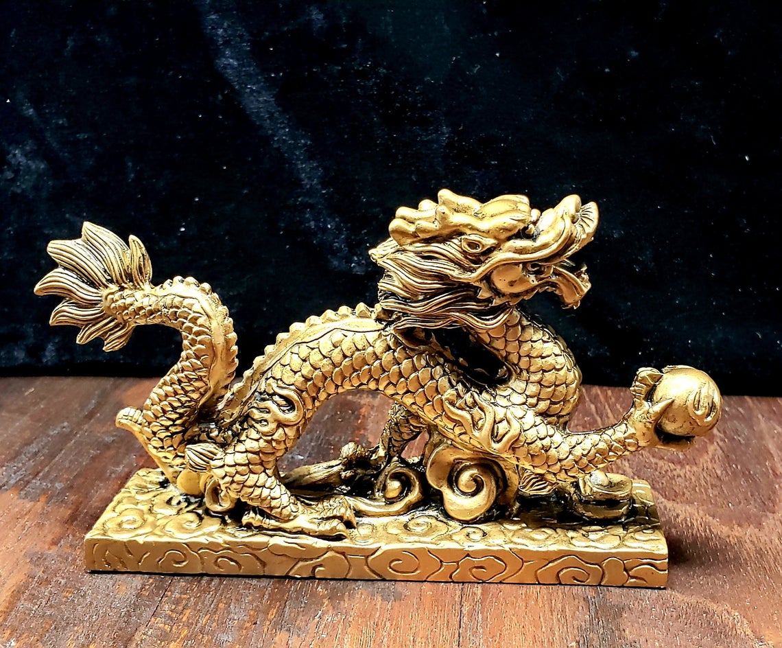 Chinese Dragon Resin Statue Sculpture Brass Temple Mythological Creatures