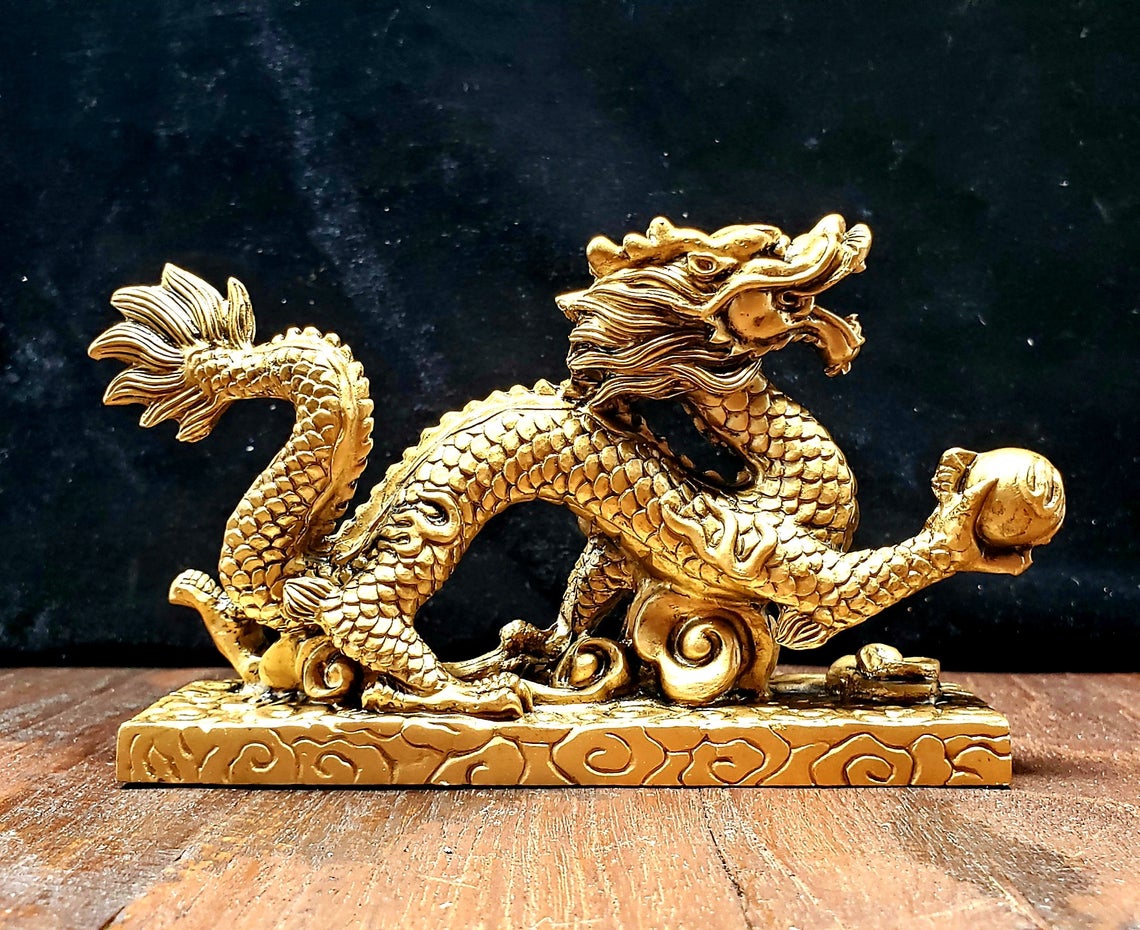 Chinese Dragon Resin Statue Sculpture Brass Temple Mythological Creatures