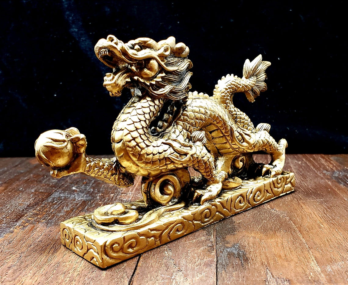 Chinese Dragon Resin Statue Sculpture Brass Temple Mythological Creatures