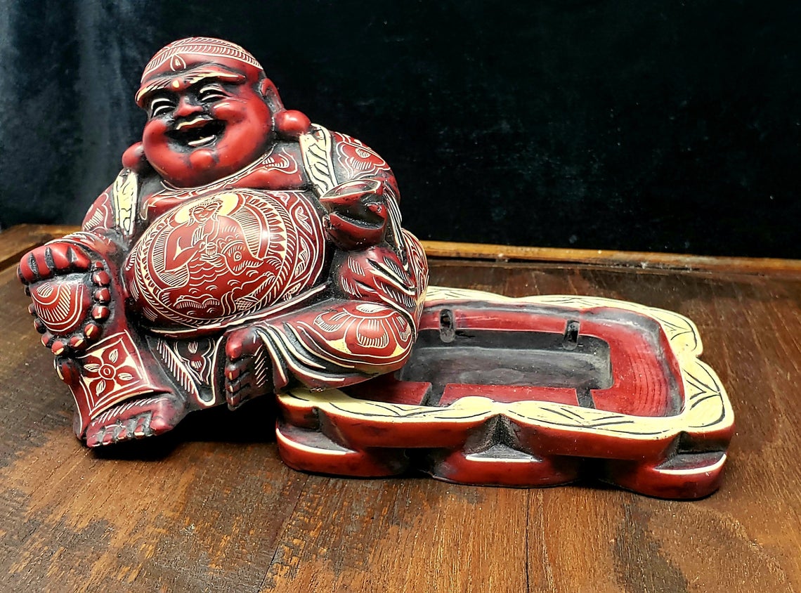 Red Laughing Buddha Container Resin Statue Figurine from Nepal