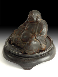 Antique Japanese Bizen Yaki Happy Buddha Hotei Okimono Statue 備前焼布袋笑佛