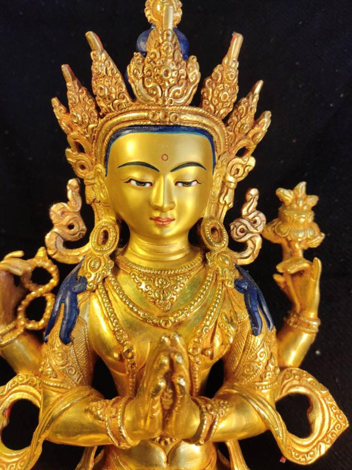 Genuine Master piece HandMade Tibetan Chenrezig Avalokeshevera Buddha Statue 12 inch full 24k Gold plated Meditaion Dharma Karma Buddhism