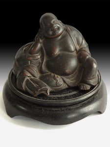 Antique Japanese Bizen Yaki Happy Buddha Hotei Okimono Statue 備前焼布袋笑佛