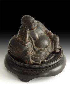 Antique Japanese Bizen Yaki Happy Buddha Hotei Okimono Statue 備前焼布袋笑佛