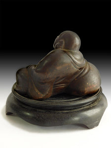 Antique Japanese Bizen Yaki Happy Buddha Hotei Okimono Statue 備前焼布袋笑佛