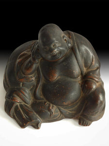 Antique Japanese Bizen Yaki Happy Buddha Hotei Okimono Statue 備前焼布袋笑佛