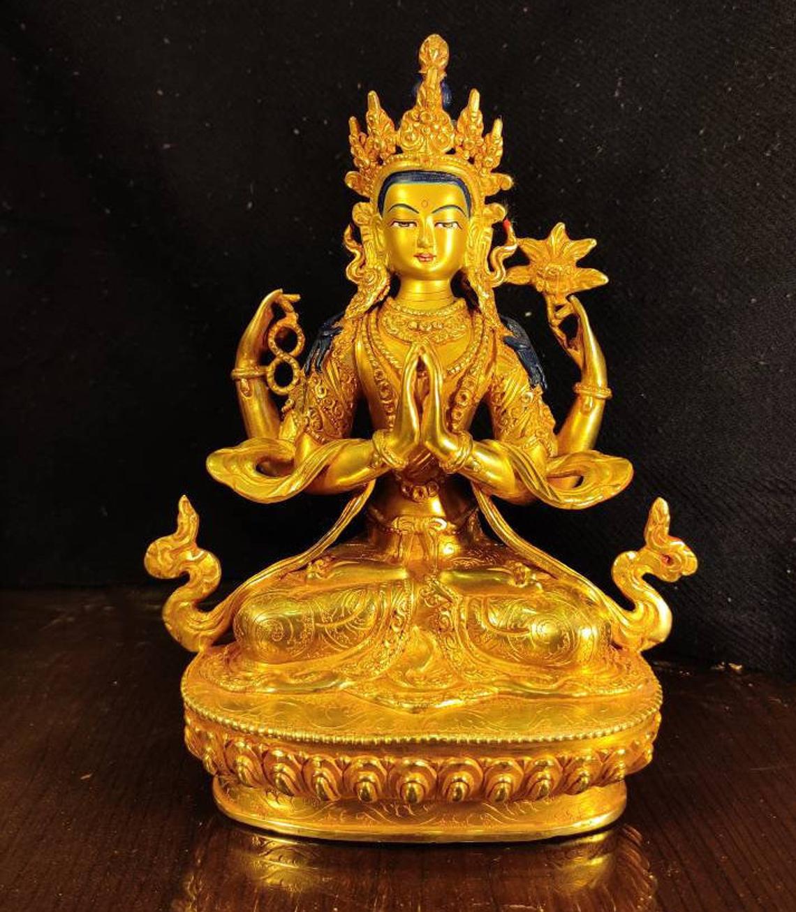 Genuine HandMade Master Piece Tibetan Chenrezig Avalokitesvara Buddha Statue 8 inch full 24k Gold plated Meditation Dharma Karma Buddhism