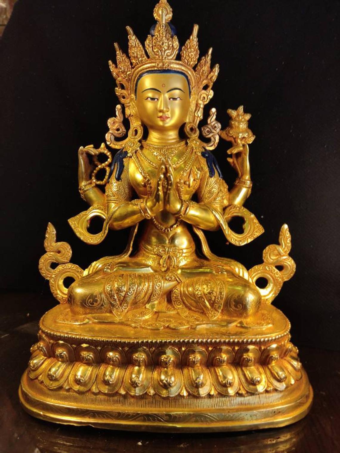 Genuine Master piece HandMade Tibetan Chenrezig Avalokeshevera Buddha Statue 12 inch full 24k Gold plated Meditaion Dharma Karma Buddhism