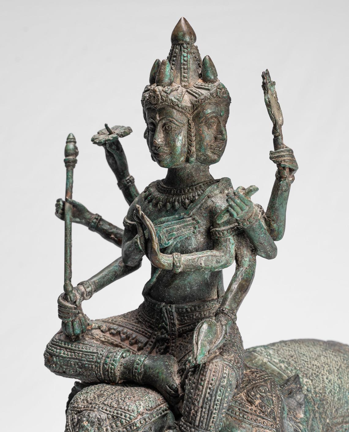 Indra Statue - Antique Thai Style Bronze Erawan Airavata Statue with Indra - 41cm/16" Tall