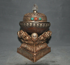 wedding decoration Antique Rare Tibetan buddhism silver skull head Statue tantrick Kapala Bowl Cup