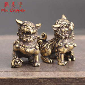 1Pair Pure Copper Lucky Lion King Figurines Miniatures Desk Ornaments Antique Bronze Chinese Animals Statue Home Feng Shui Decor