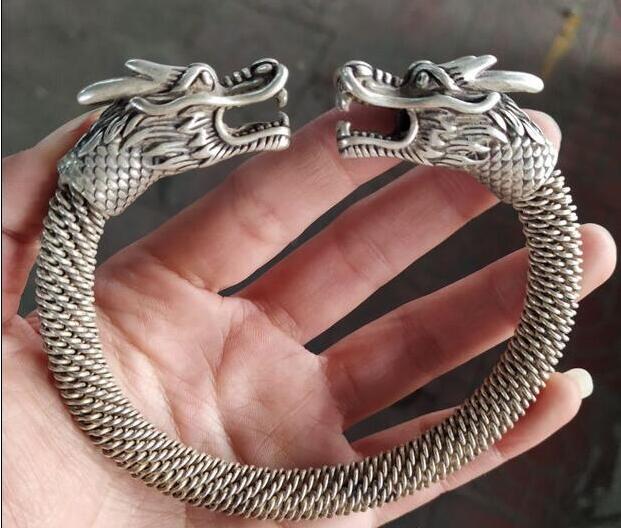 Chinese Tibet silver carved dragon Head Men A bracelet