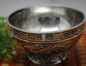 Chinese antique bronze collection antique carved dragons curl silver bowl in extremely good fortune