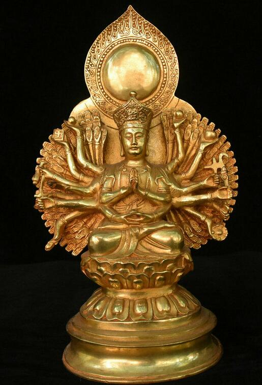 Antique Tibetan Buddhism Bronze Gilt 1000 Arms Avalokiteshvara of Goddess Statue