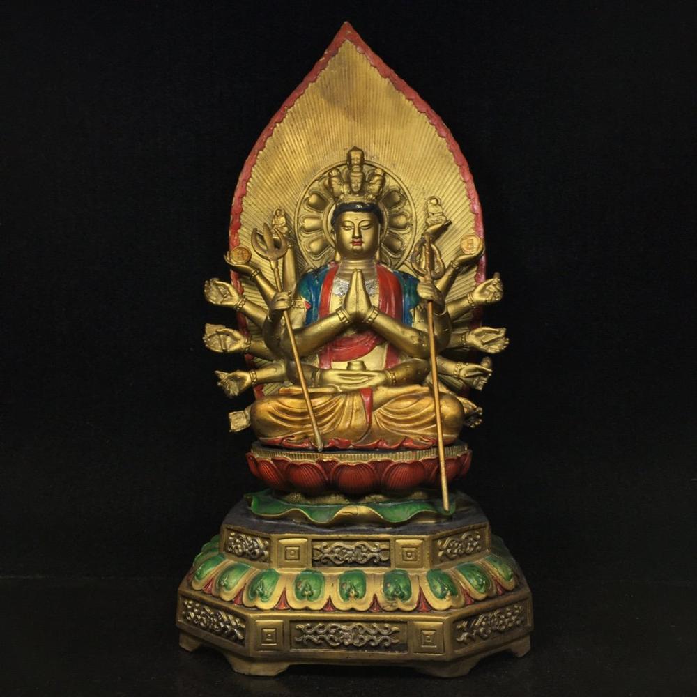 Home Decor 14" Tibet Buddhism Temple Old Bronze Painted 1000-arm Guanyin Bodhisattva statue Avalokitesvara Buddha Statue