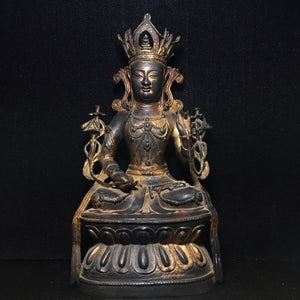 Home Decor 12" Tibet Buddhism Temple Old Purple Bronze Cinnabars White Tara Bodhisattva Statue Avalokitesvara Buddha Statue