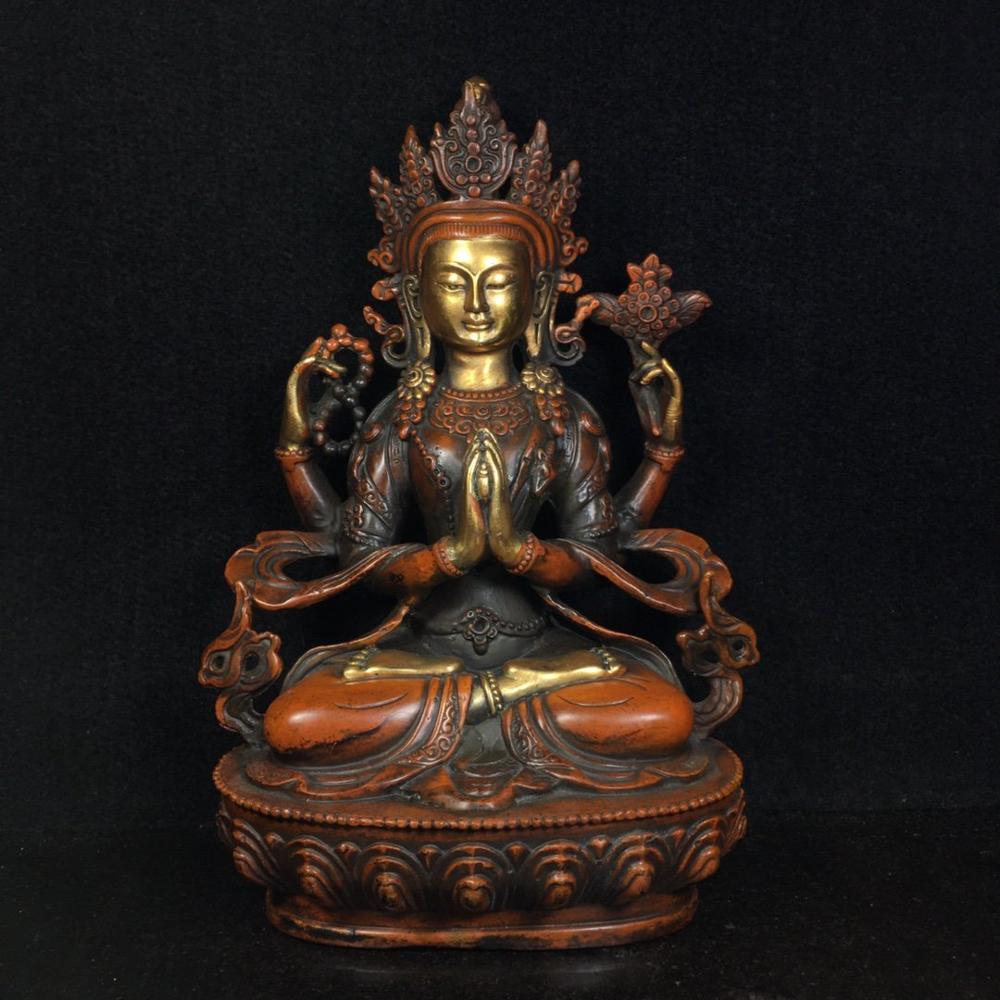 9"  Collection Old Bronze Gilt Real gold Fudozun Bodhisattva Four-armed Guanyin Buddhism Avalokitesvara Amitabha statue