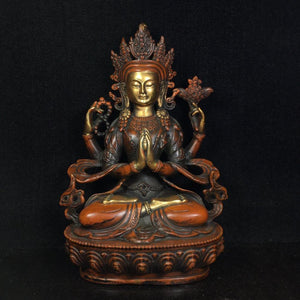 9"  Collection Old Bronze Gilt Real gold Fudozun Bodhisattva Four-armed Guanyin Buddhism Avalokitesvara Amitabha statue