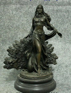 11" Old Royal Palace Art sculpture Bronze Beauty Belle Sexy Girl Peacock Statue