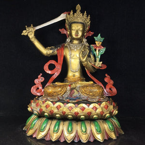 Home Decor 13" Collection Old Bronze Painted Manjushri Holding sword Guanyin Bodhisattva Buddhism Avalokitesvara Amitabha statue