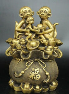 12" China old antique copper Three Gold bag Zodiac Monkey statue