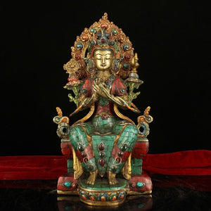 wedding decoration 11" China Antique handmade pure copper Mosaic gem Turquoise gilt Buddha statue