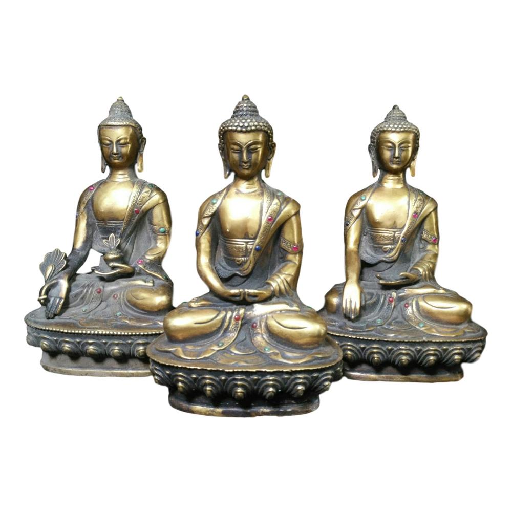 Nepalese Reflux Copper Inlaid With Gems "Three Treasure Buddhas" Three Statues Imitation antique bronze masterpiece