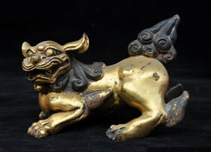 wedding decoration Old Chinese Antique Palace Fengshui Bronze 24k gold Foo dog lion Beast Statue