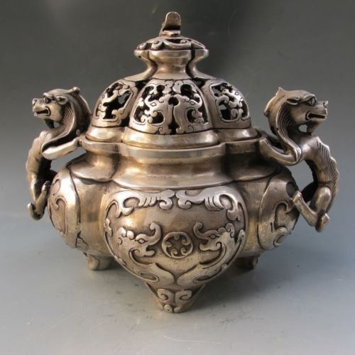 Chinese Silver Bronze Dragon Incense Burner & Lid w Ming Dynasty XuanDe Mark