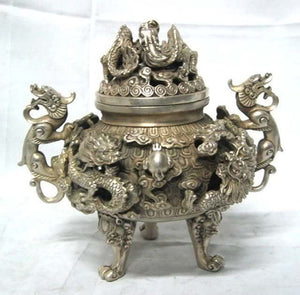 Details about  preeminent Tibet silvered nine dragon censer