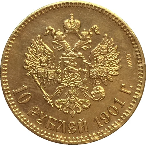 24-K Gold plated 1901 russia 10 Roubles gold Coin copy